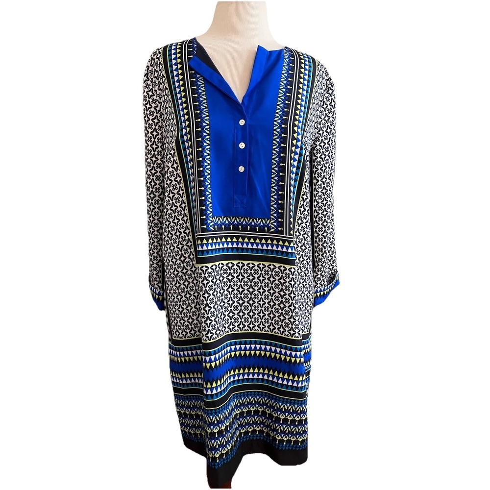 Crown and‎ Ivy Dress Sz 12 blue Black geometric sheath 3/4 Sleeve